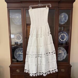 Smocked Strapless White Eyelet Maxi Dress
